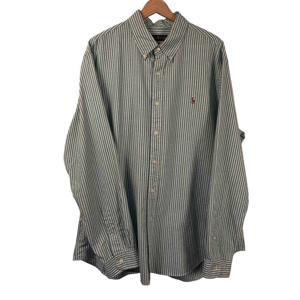Ralph Lauren Striped Button Down Shirt Men's XXL Tall Green White Flesh Pony